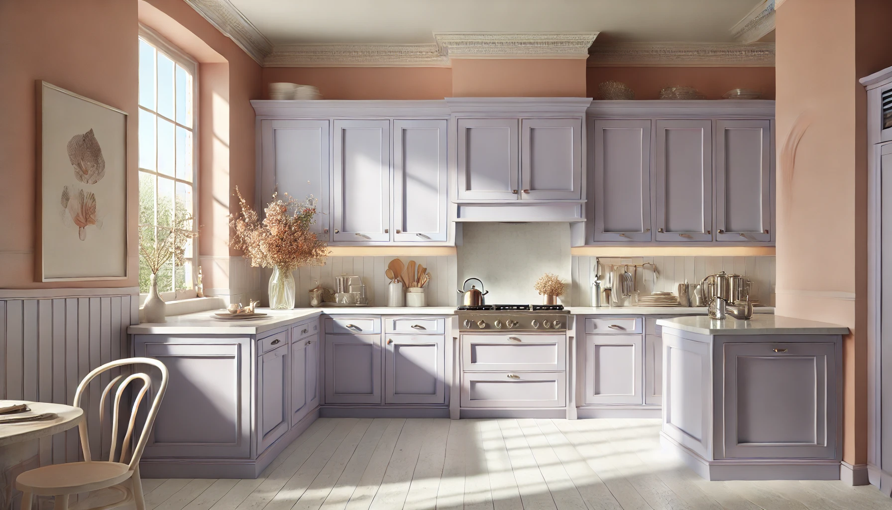 Dewdrop Lavender cabinets and Peach Whisper walls