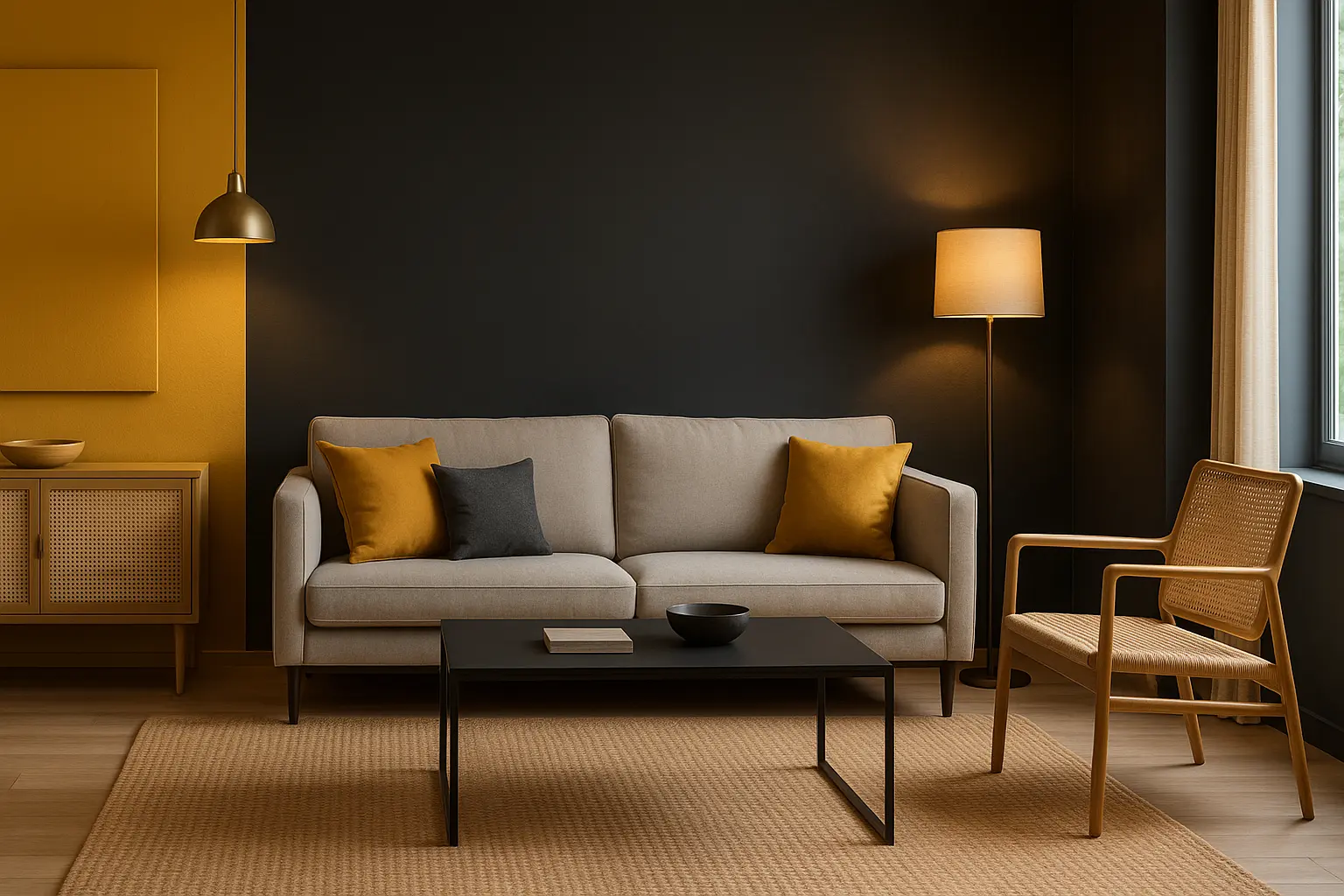 Mustard + Charcoal Grey (Modern Living Room)