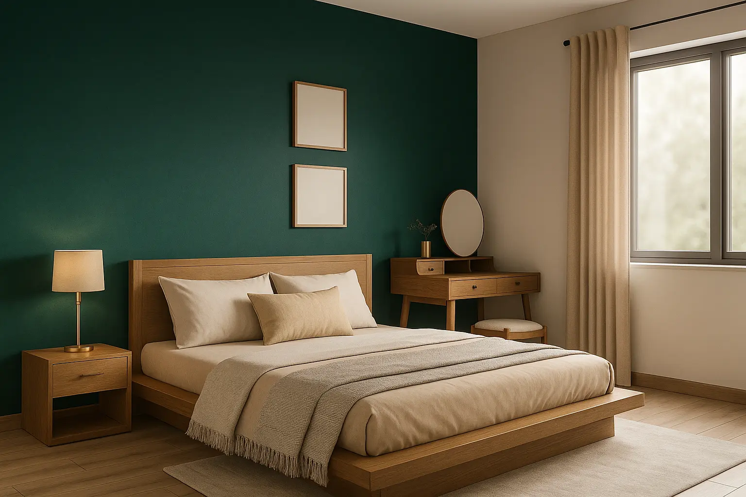 Soft Meets Bold - Beige + Emerald Green (Bedroom)